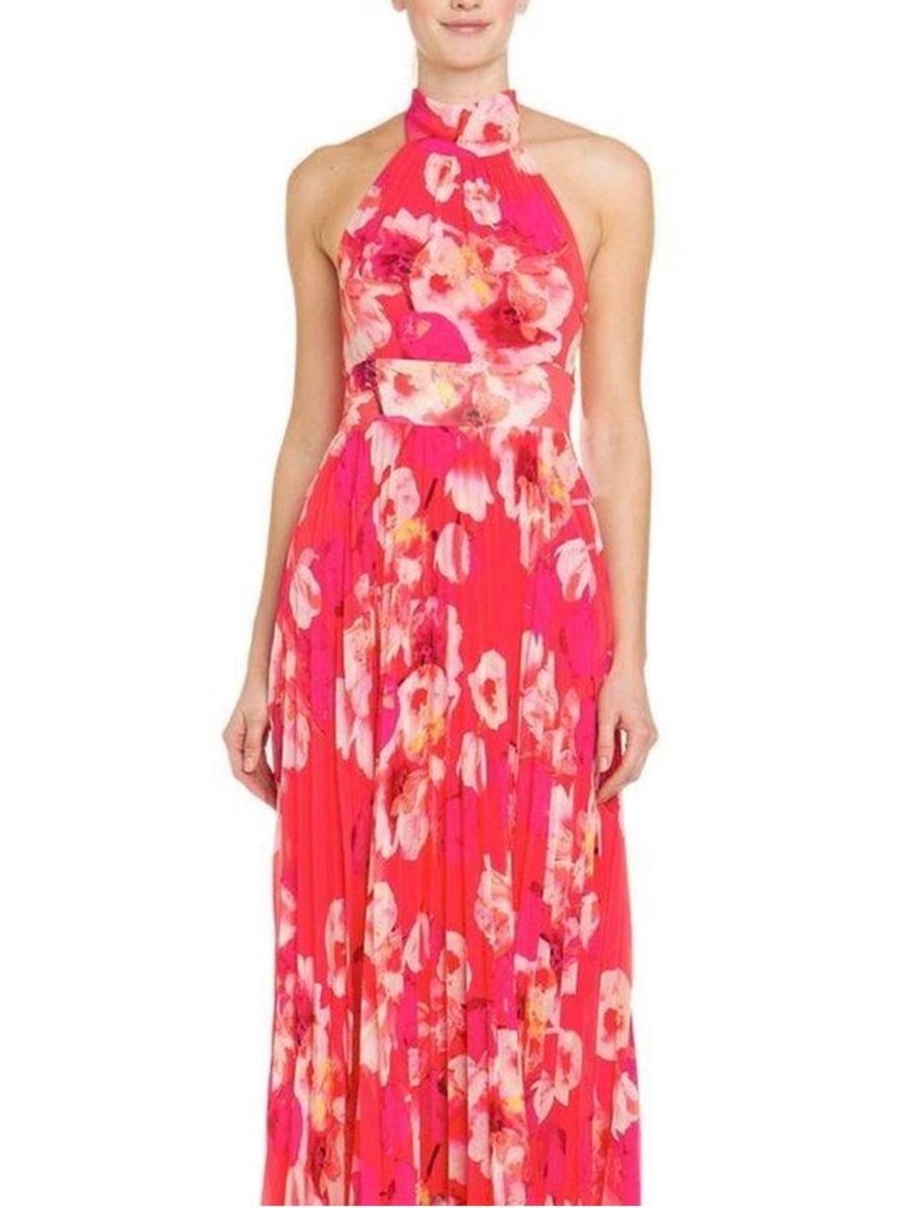 Eliza J 12 Pink Pleated Halter Floral Midi Dress in Pink